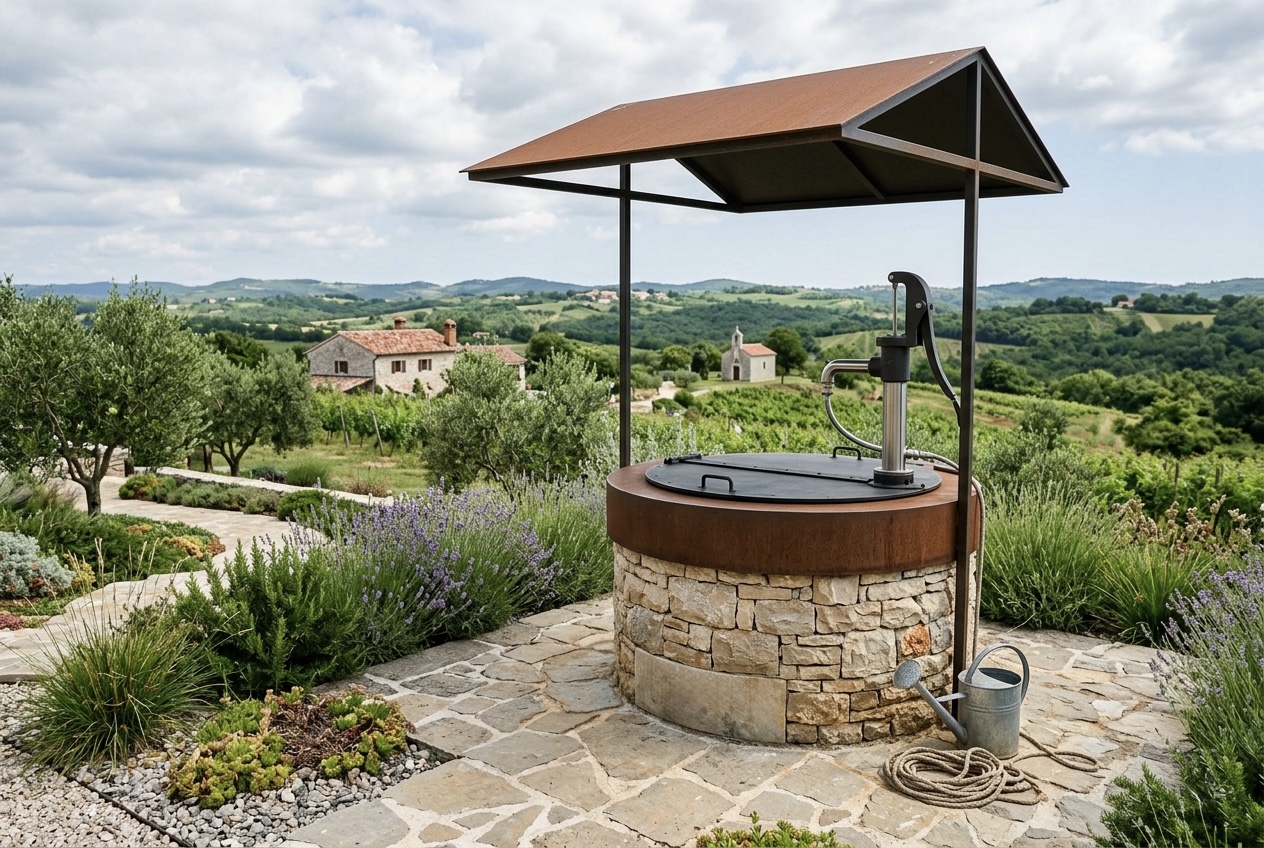Kameni bunar s pumpom i nadstrešnicom na vrhu brežuljka s pogledom na vinograde