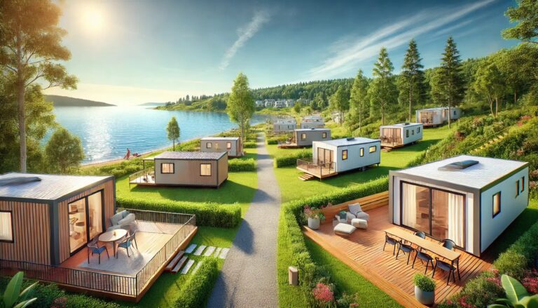 Kamp s mobilnim kućicama uz more, okružen drvećem i plavim nebom