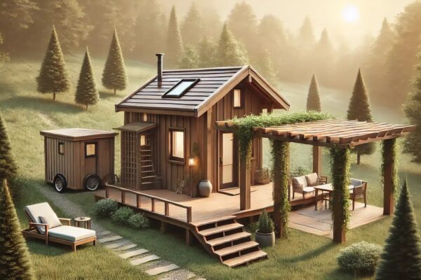 Mala drvena kućica s pergolom i terasom, smještena u prirodi među borovima u zalazak sunca