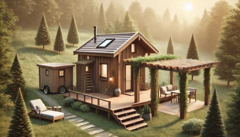 Mala drvena kućica s pergolom i terasom, smještena u prirodi među borovima u zalazak sunca