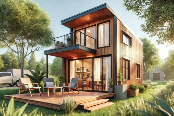 Moderna modularna kućica s drvenom fasadom, terasom i balkonom, okružena zelenilom