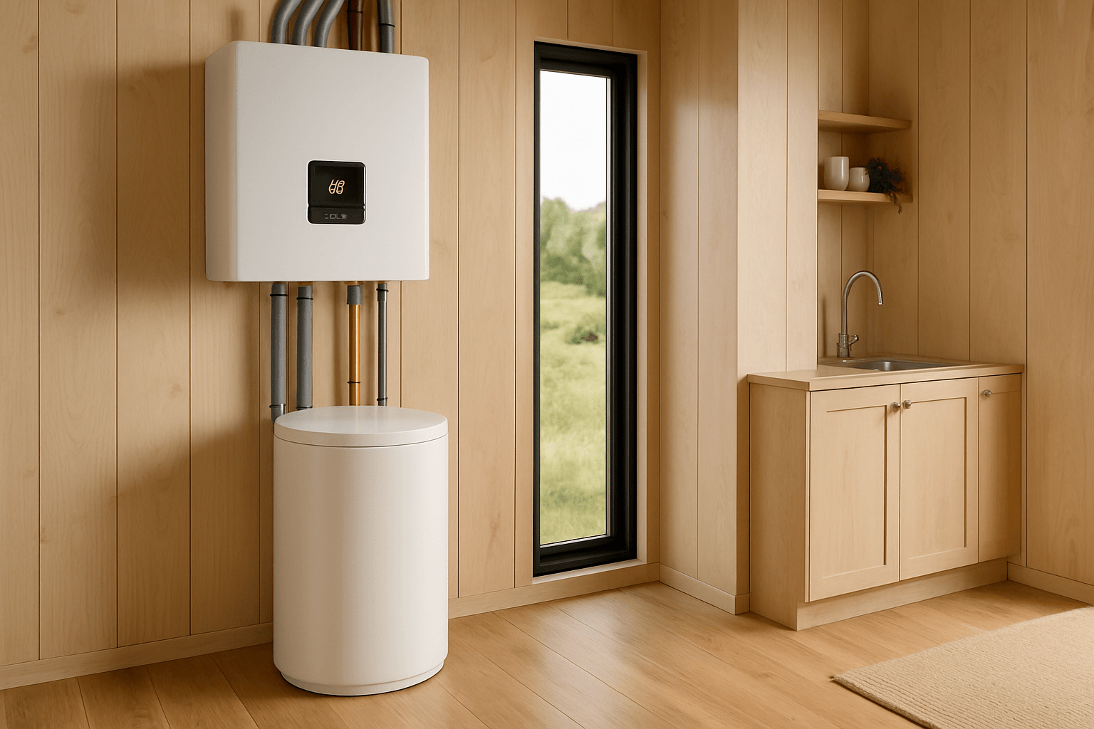 Moderna dizalica topline instalirana u kutu kompaktne kućice s drvenim zidovima