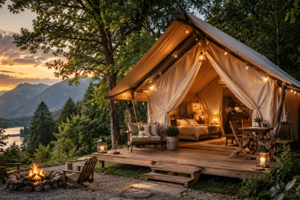 Glamping šator u prirodi na drvenoj terasi u planinama uz zalazak sunca i logorsku vatru
