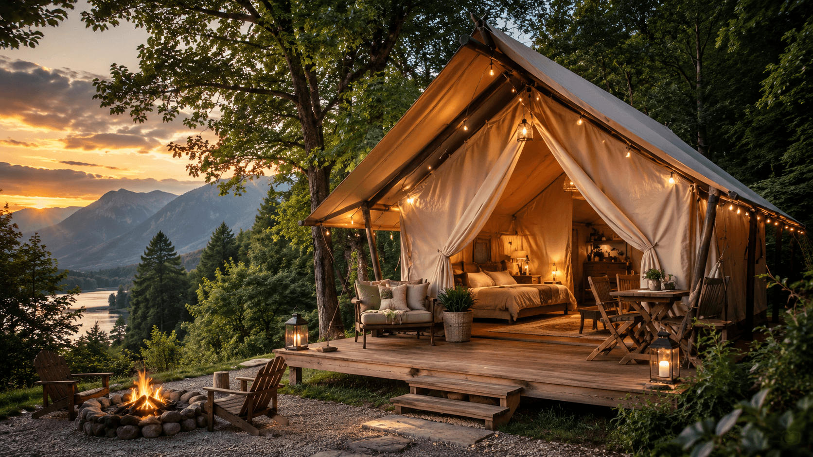 Glamping šator u prirodi na drvenoj terasi u planinama uz zalazak sunca i logorsku vatru