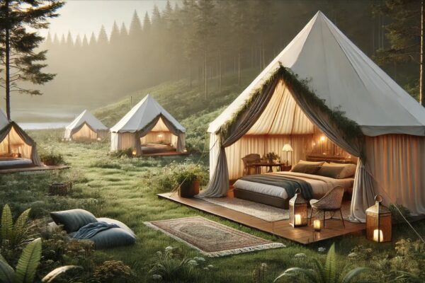 Luksuzni glamping šatori za spavanje smješteni u prirodi, okruženi drvećem i zelenilom