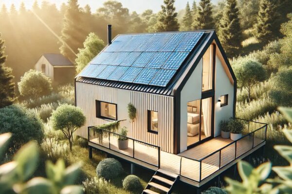 Kućica od lake čelične konstrukcije sa solarnim panelima, okružena zelenilom i sunčevom svjetlošću