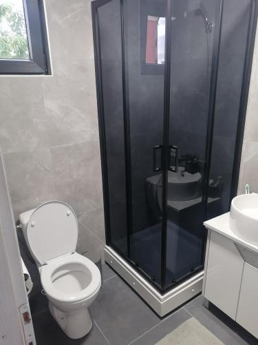 Kupaonica s modernom crnom tuš kabinom, bijelim WC-om, te sivim pločicama