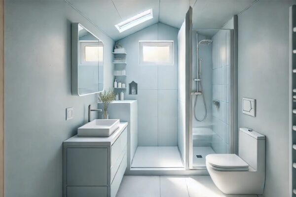 Moderna minimalistička kupaonica u svijetlim tonovima s tušem, umivaonikom i WC školjkom