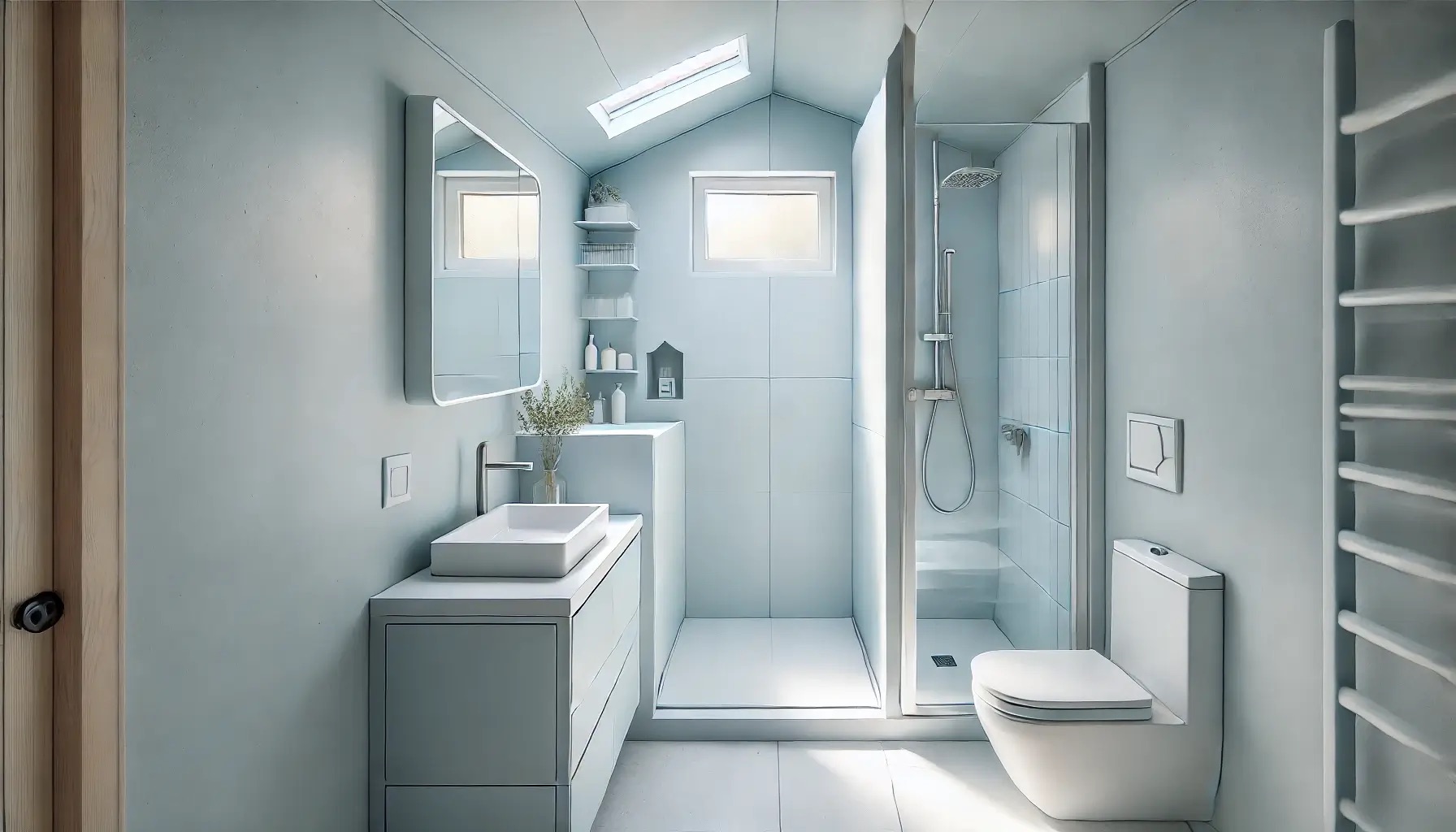 Moderna minimalistička kupaonica u svijetlim tonovima s tušem, umivaonikom i WC školjkom