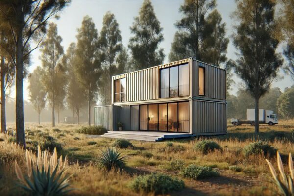 Stambeni kontejner smješten usred prirode, okružen drvećem.