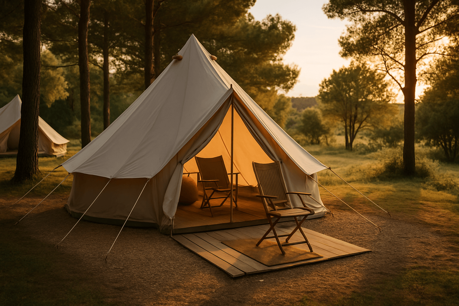 Glamping šator u prirodnom kampu, okružen drvećem i zelenilom, s pogledom na otvoreni krajolik