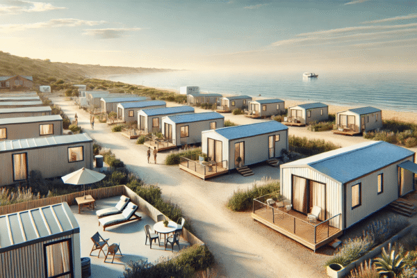 Kamp uz more s mobilnim kućicama, okružen drvećem i pogledom na plavo more u pozadini