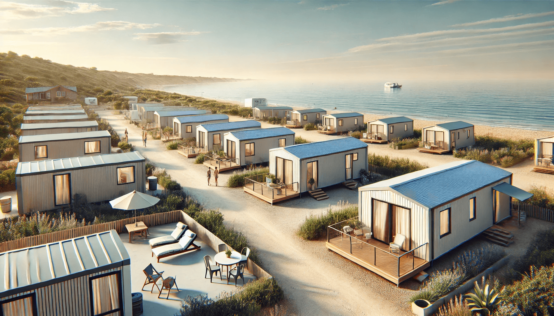 Kamp uz more s mobilnim kućicama, okružen drvećem i pogledom na plavo more u pozadini