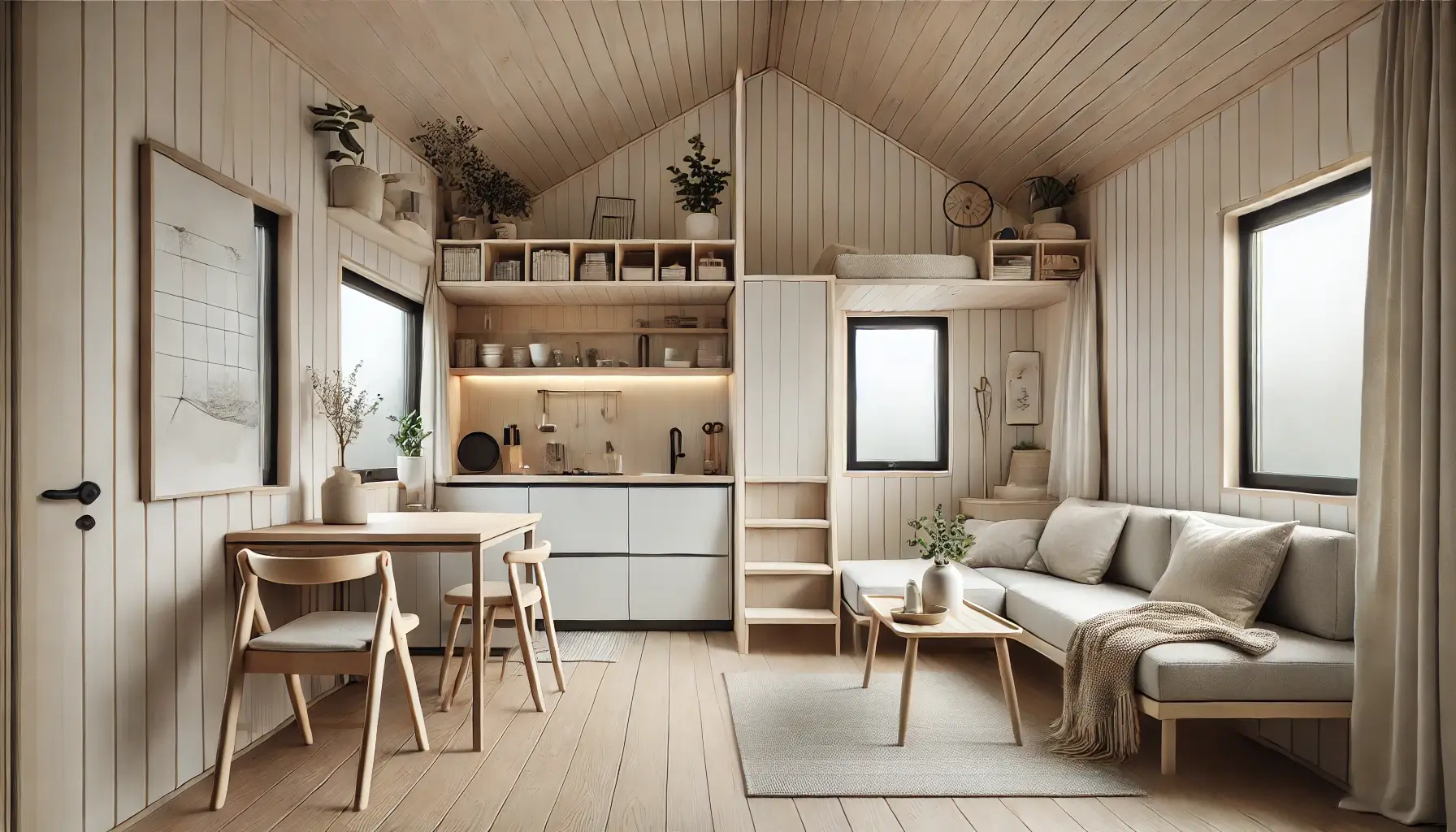 Minimalistički interijer drvene kućice u svijetlim tonovima podijeljen na zone, uključujući kuhinju, blagovaonicu i dnevni boravak