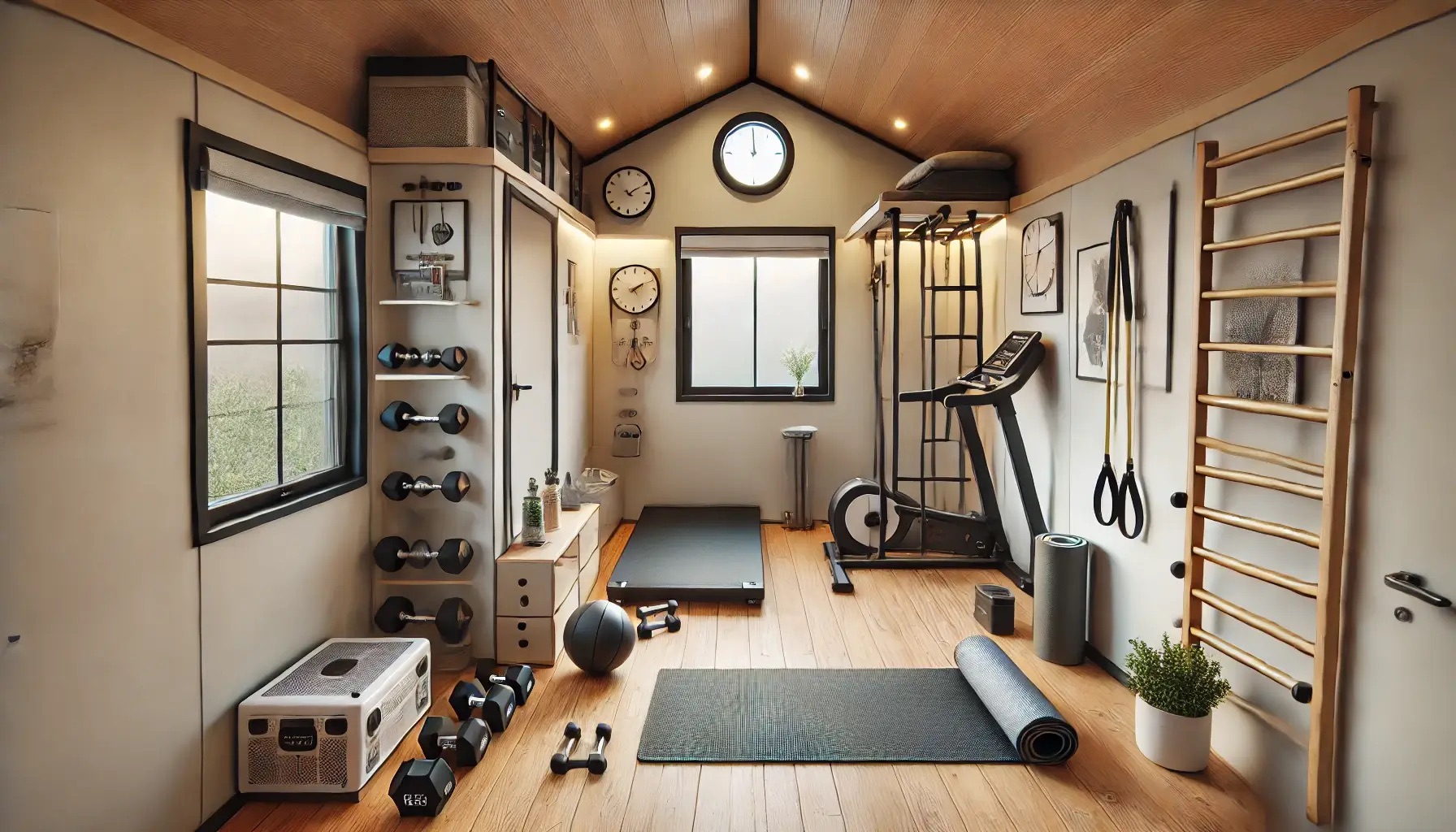 Dnevni boravak u kućici pretvoren u minimalističku kućnu teretanu s osnovnom opremom za vježbanje