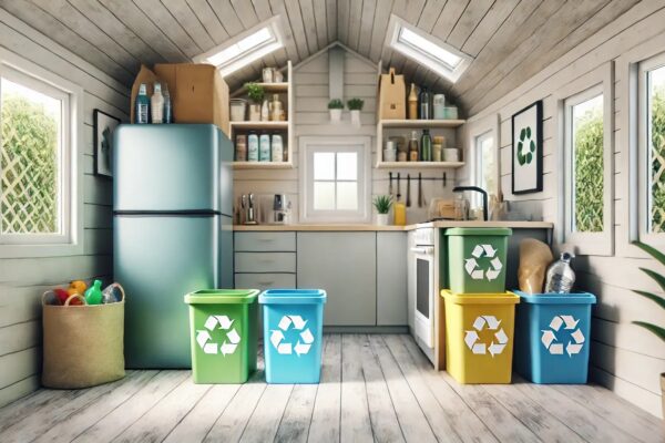 Kuhinja u drvenoj kućici s kantama za odvajanje različitih vrsta otpada
