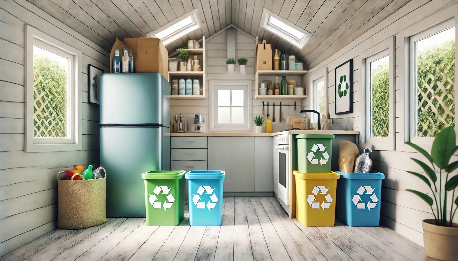 Kuhinja u drvenoj kućici s kantama za odvajanje različitih vrsta otpada