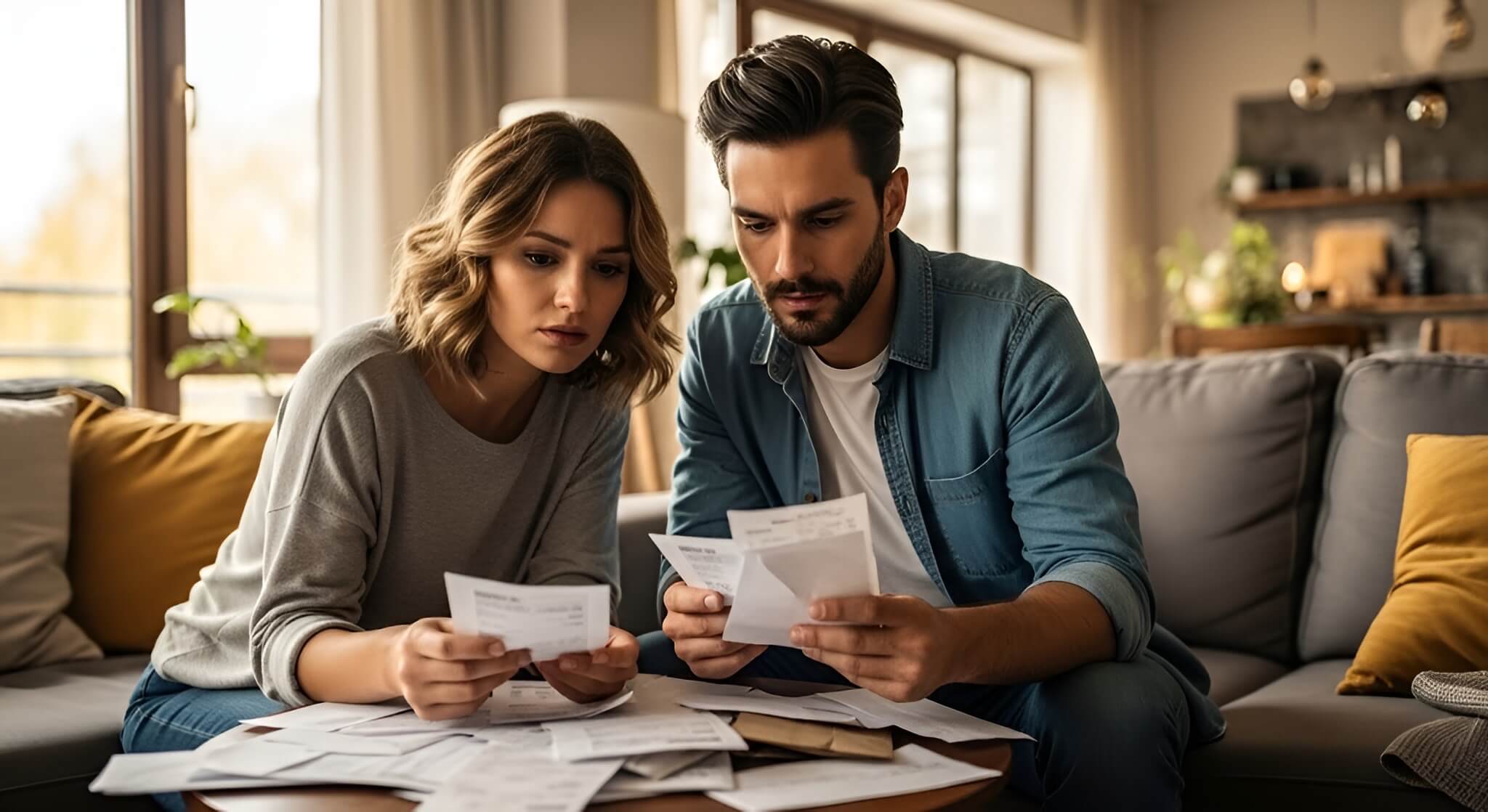 Mladi par zabrinuto pregledava račune i dokumente sjedeći za stolom u dnevnoj sobi
