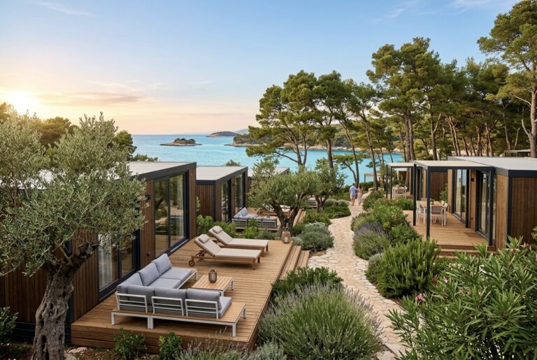Moderne mobilne kućice u kampu na Jadranu s pogledom na more i otoke, okružene mediteranskim biljem