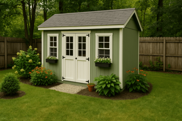 Vrtna kućica u dvorištu okružena biljkama i zelenilom, snimljena za sunčanog dana