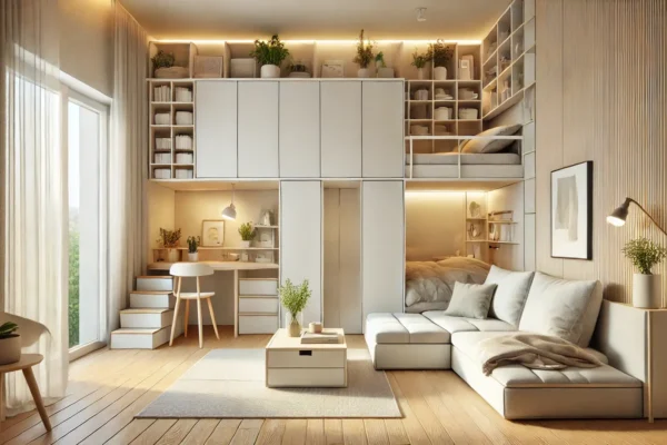 Mali, moderni interijer s visokim stropom, galerijom za spavanje i ugodnim dnevnim boravkom