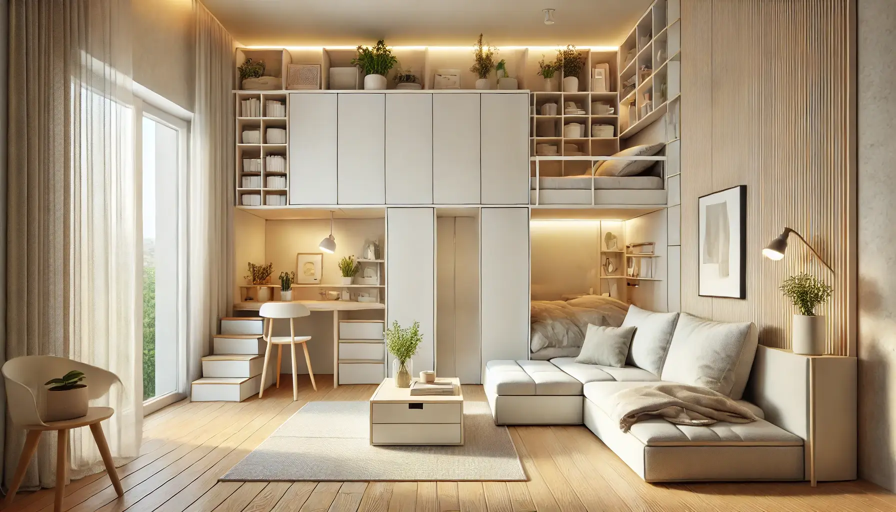 Mali, moderni interijer s visokim stropom, galerijom za spavanje i ugodnim dnevnim boravkom