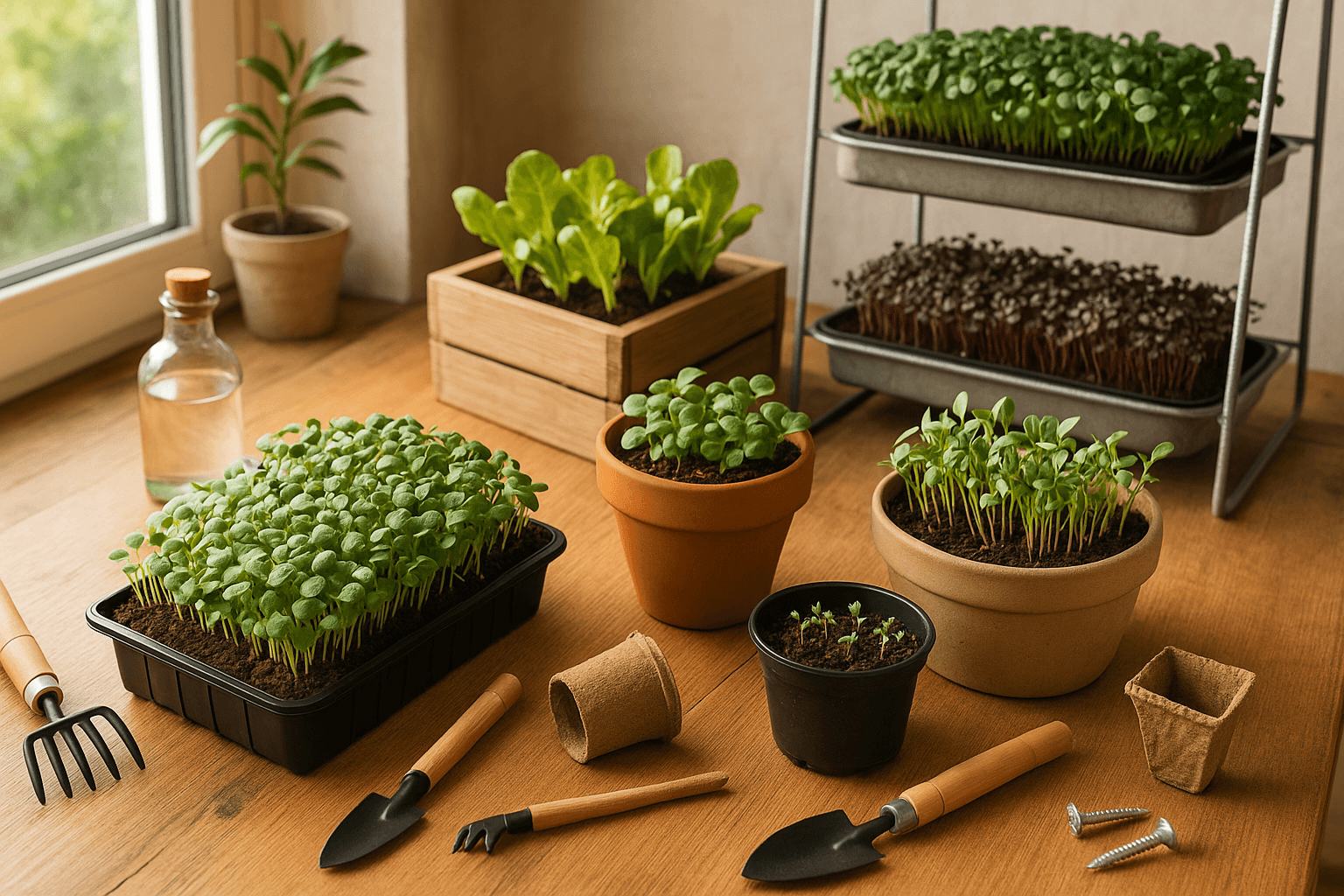 Unutarnji mikro vrt s biljkama u teglama smještenima na polici uz prozor s prirodnim svjetlom