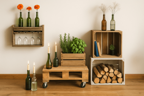 Upcycling dekoracija od paleta, boca i kutija prikazana u rustikalnom interijeru doma