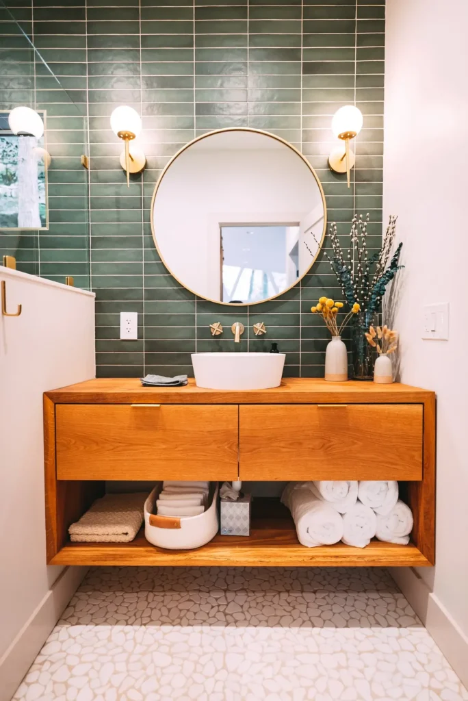 Rustikalni kupaonski ormarić od svijetlog drva s bijelim umivaonikom i okruglim ogledalom, nasuprot zelenim pločicama