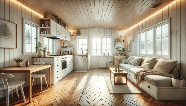 Svijetao drveni interijer kućice s kuhinjom, blagovaonskim stolom i dnevnim boravkom s kaučem i biljkama