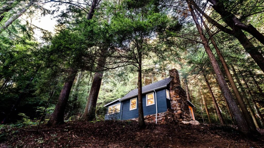 Mala plava koliba skrivena u šumi, s kamenim dimnjakom
