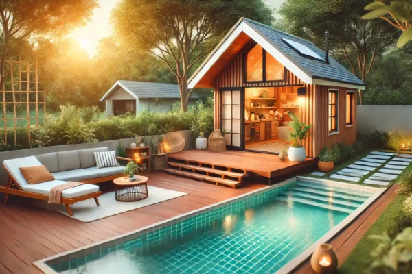 Luksuzna tiny house kućica s bazenom i terasom, okružena zelenilom u zalazak sunca