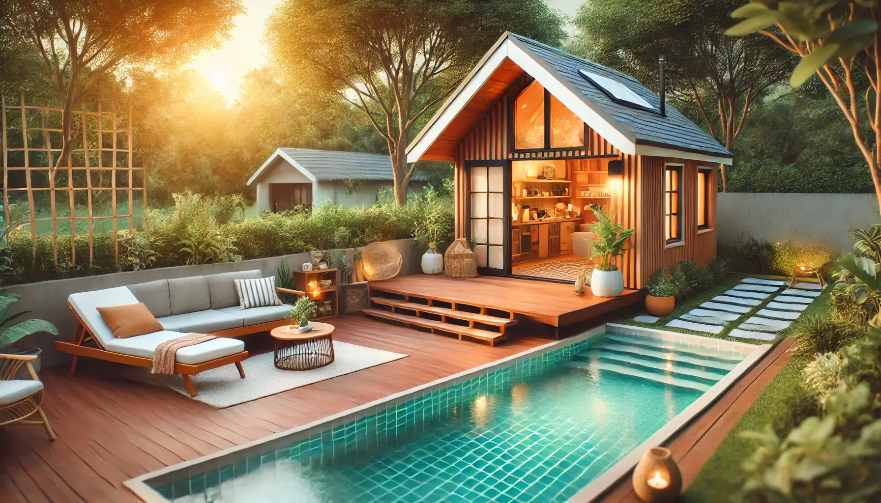 Luksuzna tiny house kućica s bazenom i terasom, okružena zelenilom u zalazak sunca