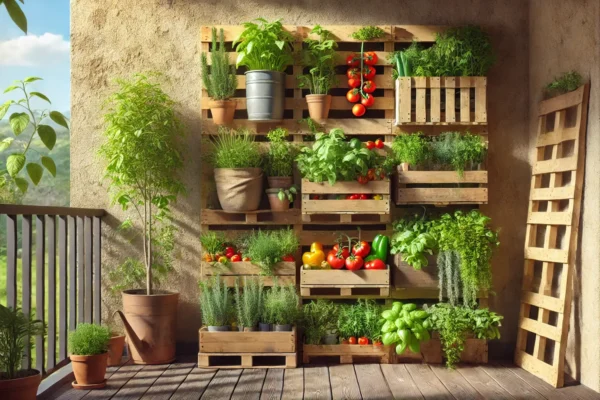 Vertiklani vrt na balkonu s biljkama i povrćem u drvenim sanducima, postavljen na paletu