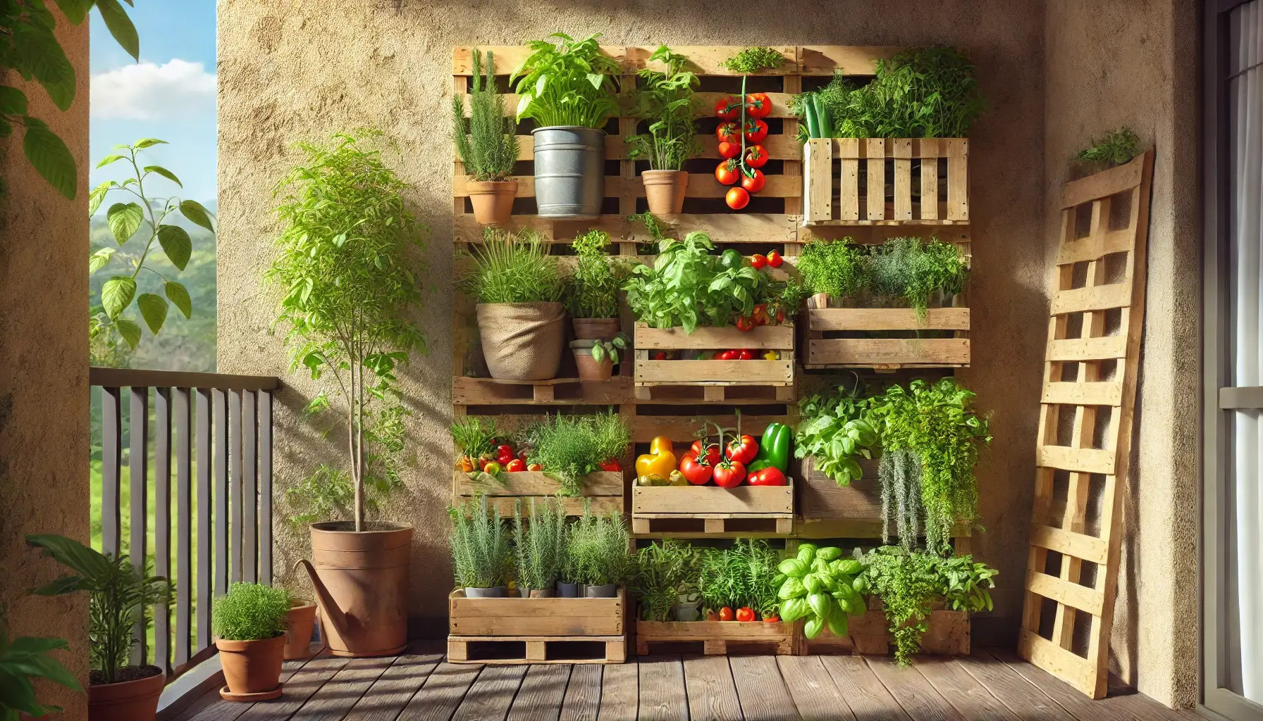 Vertiklani vrt na balkonu s biljkama i povrćem u drvenim sanducima, postavljen na paletu