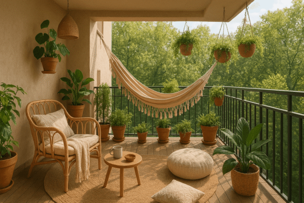 Boho balkon s visećom mrežom, biljkama u teglicama i ratan namještajem, okružen zelenilom