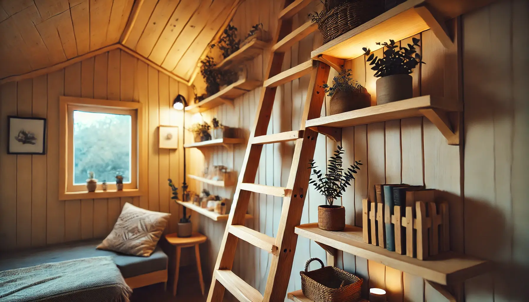 Topao interijer drvene kućice s ljestvama, policama, biljkama i udobnim kutkom za sjedenje