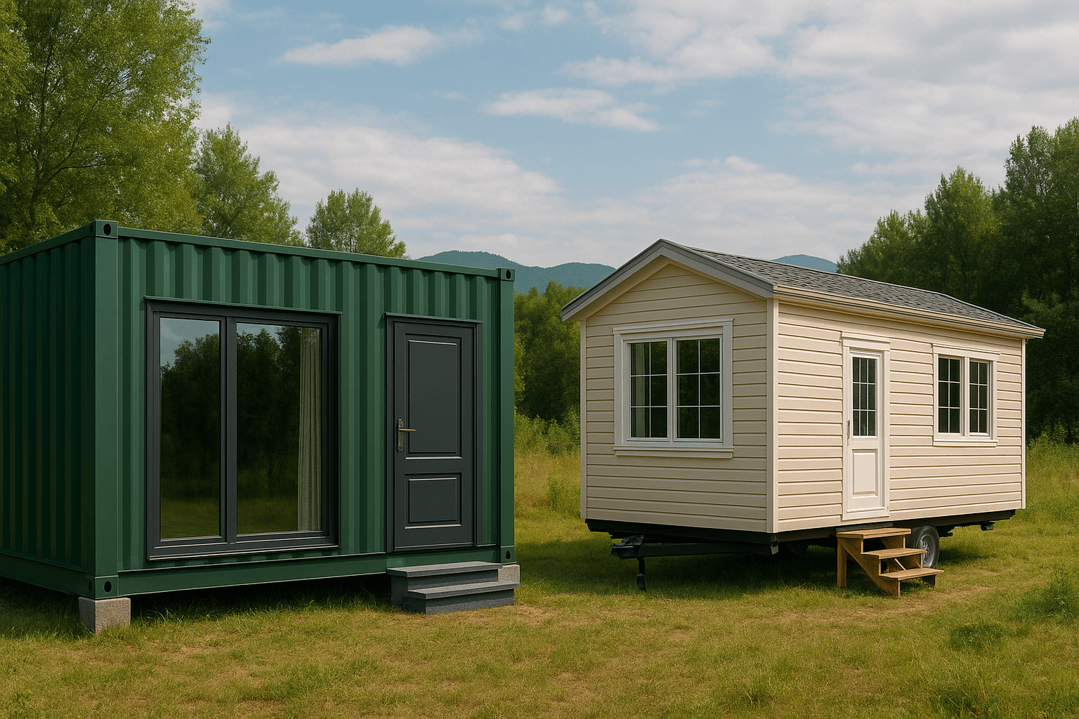 Zeleni stambeni kontejner i bež mobilna kućica stoje jedno pokraj drugog u prirodnom okruženju