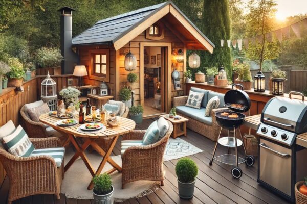 Vanjska kuhinja i roštilj uz drvenu kućicu, stol za blagovanje i udoban vrtni namještaj u zalazak sunca