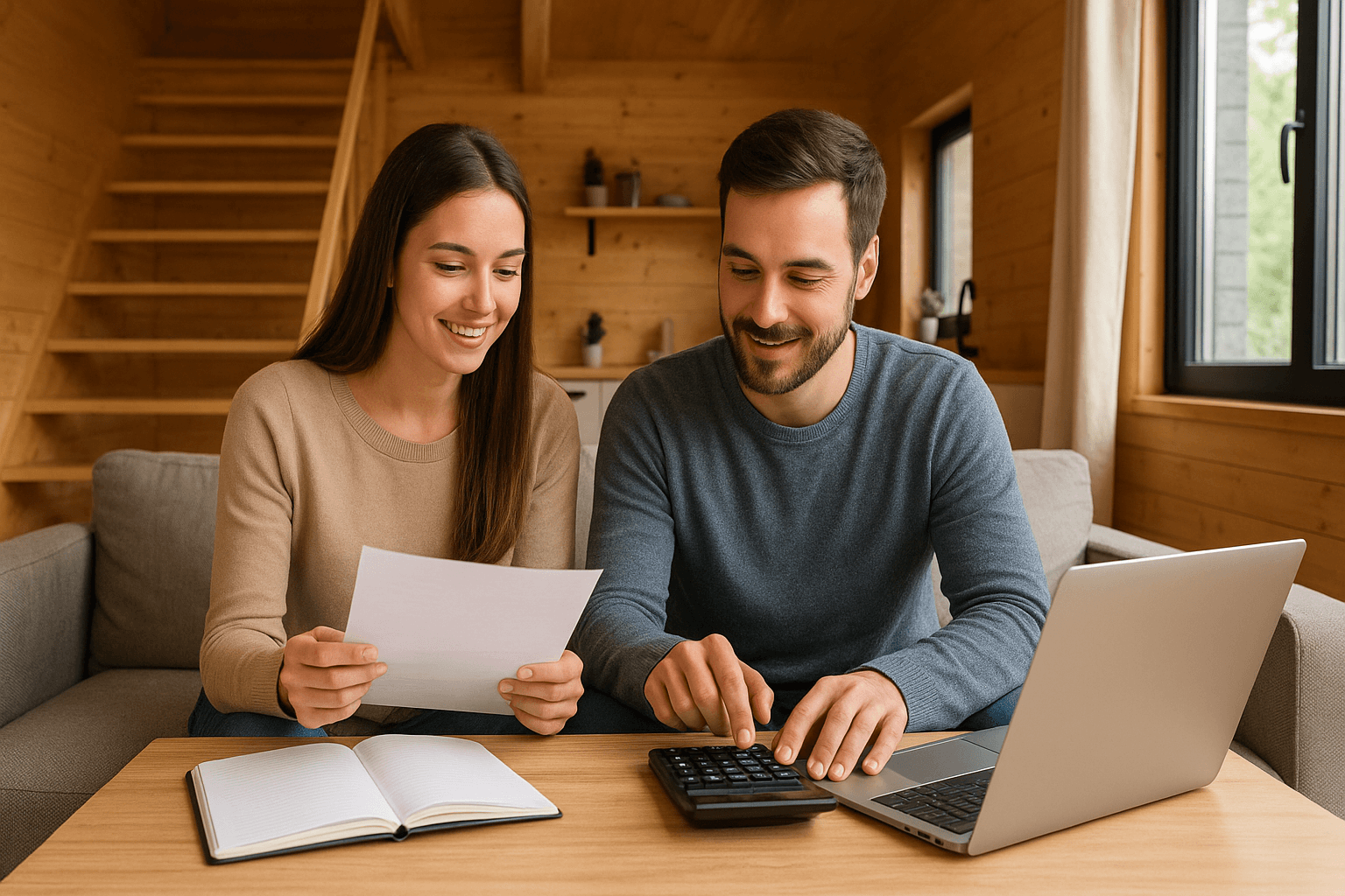Mladi par računa kućni budžet uz laptop, bilježnicu i kalkulator