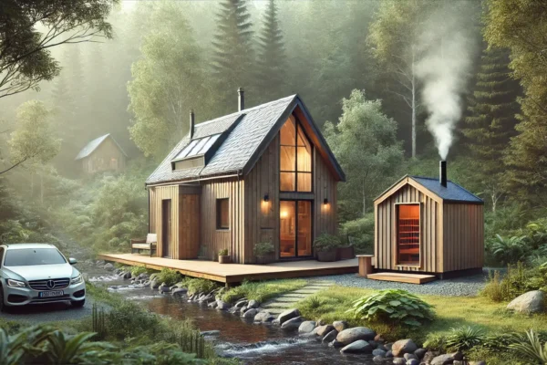 Drvena kućica i sauna uz potok u šumi, s parkiranim automobilom