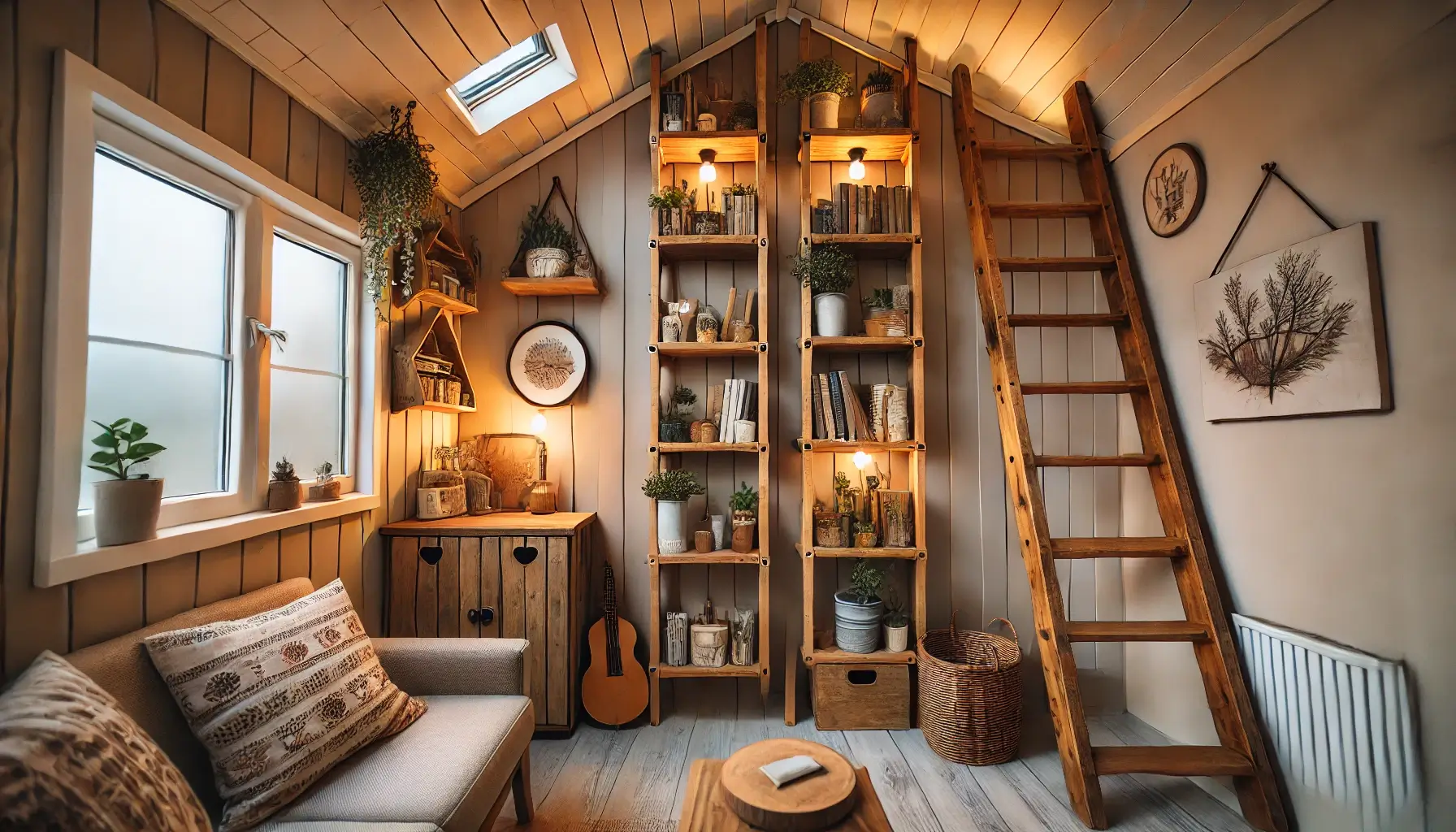 Cozy interijer kućice s drvenim policama, biljkama, sofom i ljestvama prema potkrovlju