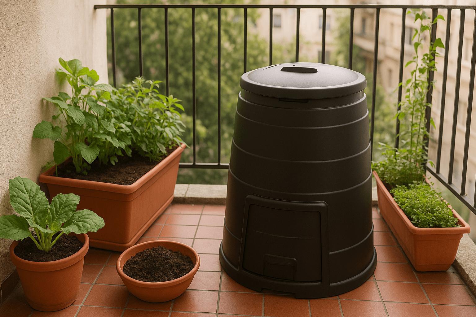 Kompostni sustav na balkonu okružen biljkama u posudama i zelenilom u pozadini