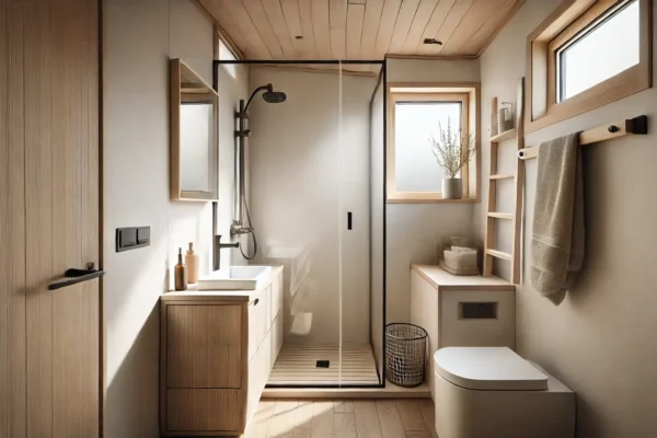 Minimalistička kupaonica s drvenim detaljima, staklenim tušem i prirodnim svjetlom