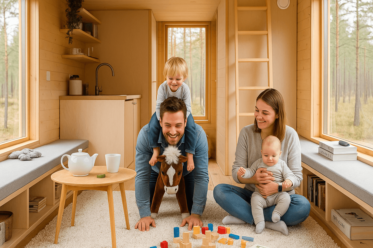 Obitelj s dvoje djece uživa u igri u drvenoj kućici okruženoj prirodom
