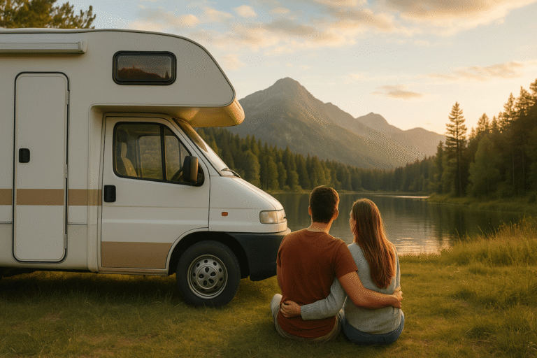 Mladi par sjedi pokraj kampera u prirodi i promatra zalazak sunca nad planinama