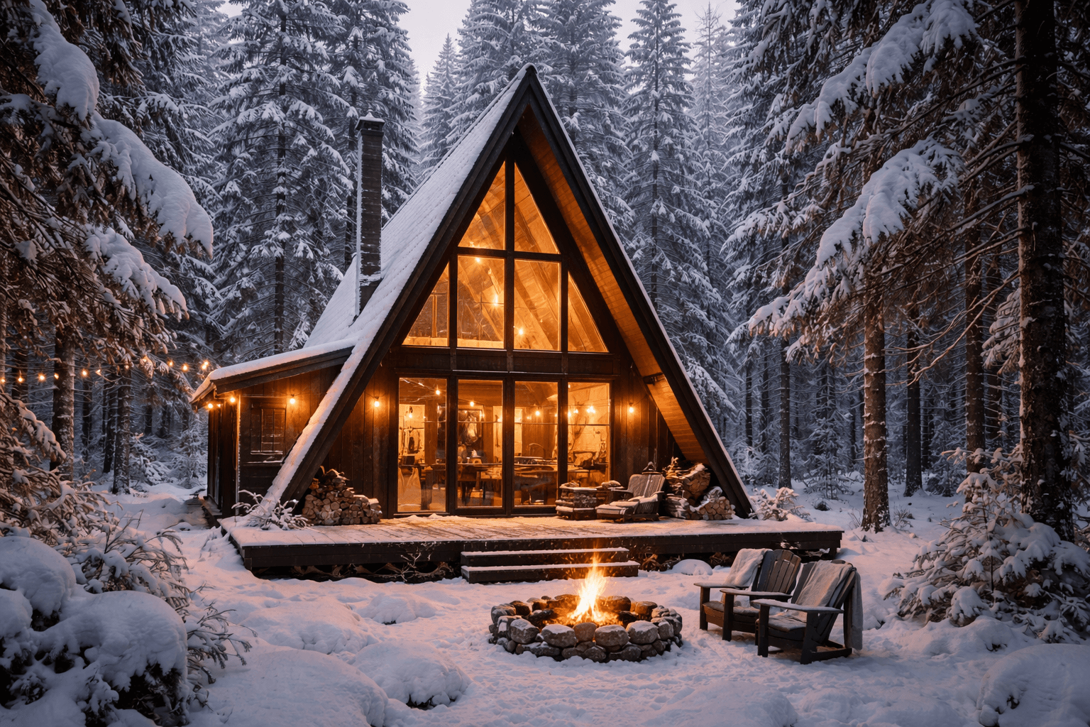 A-frame drvena vikendica u snježnoj šumi, topla svjetla, zimski ugođaj i kamin na otvorenom