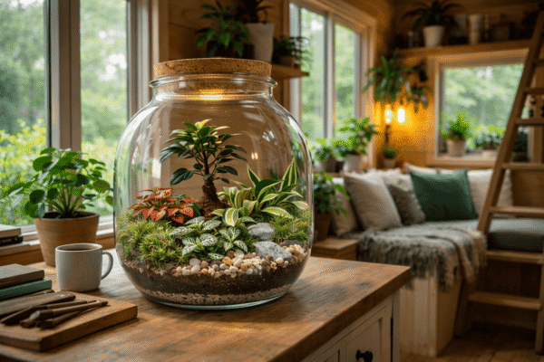 Staklena vaza s biljnim terarijem na drvenom stolu u svijetlom dnevnom boravku kućice