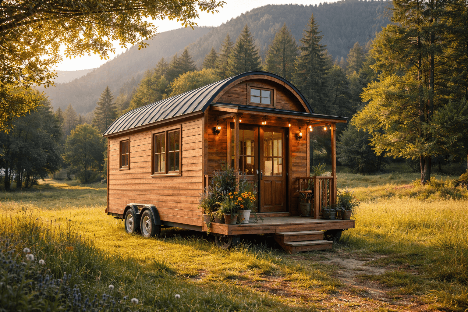 Drvena kućica na kotačima u zelenoj prirodi, s planinama i toplim večernjim svjetlom