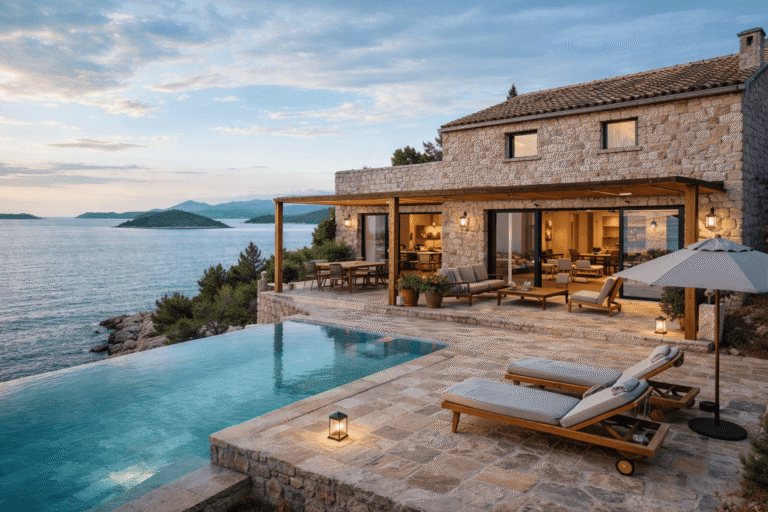 Moderna kamena kuća s bazenom uz Jadransko more u sumrak, idealna za luksuzni najam